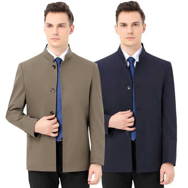 2024 chaqueta con cuello alto para hombre de seda de morera primavera y otoño traje Zhongshan de un solo pecho traje de hombre de negocios chaqueta de funcionario público delgada