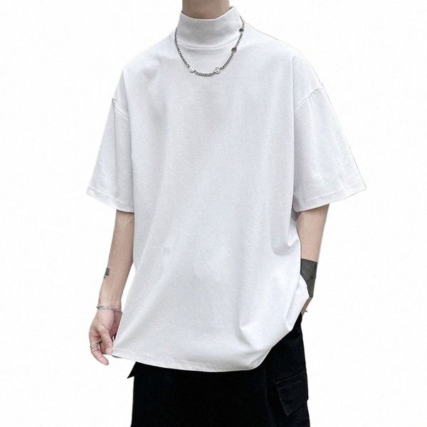 2024 Streetwear Turtleneck Hommes Tshirt Solide Hip Hop Mâle Surdimensionné T-shirts Homme Casual Manches Courtes Top T-shirts Noir / Blanc / Violet f8OI #