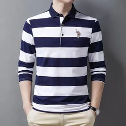 2024 Stripe Men Polo camisa algodón de manga larga Negocio Otoño Camiseta Casual Masculino 240507