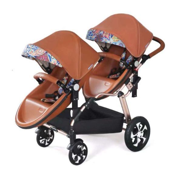 2024 Poussettes Twins Baby Luxury Pu Cuir Blanc Twin Carriage Double Eggshell Car Vendre comme des petits pains chauds Designer Mode élastique populaire Rotation à 360 degrés Vente