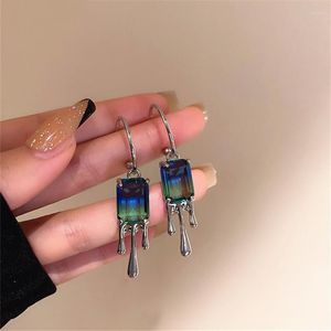 2024 Boucles d'oreilles Stud Fashion Bleu vert cristal princesse géométrique rectangle Gradient Couleur en verre Pendent Silver Lava Zircon Earr Pendant les boucles d'oreilles en argent