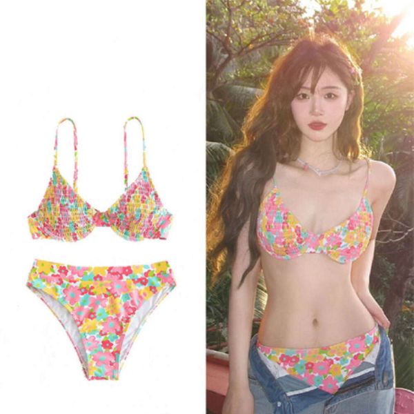 2024 Estilo Bikini Diseñador Traje de baño Traje de baño Femenino Estampado colorido Bikini plisado Pulsera de acero Pecho pequeño Recogido Dividir Vacaciones de aguas termales