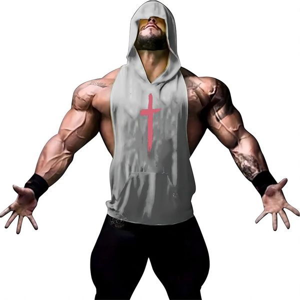 2024 Summer Adult Mens Hooded Top Top Gym Sport Mentide Sans Sheed Tops Fashion Cartoon Imprimé Top à capuche 240508