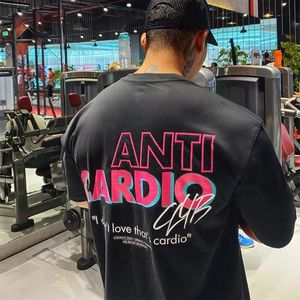 2024 Été Anti cardio surdimension T-shirt Sports courtes Coton T-shirt Gym Fitness Mâle d'entraînement Mâle Traine en coton Tops 240410