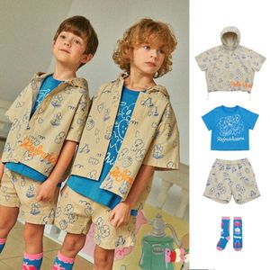 2024 Zomer Baby Fashion Cartoon Print Cotton T-shirt Shorts Hooded Cardigan Boy Girl Sports Set Kinderkleding L2405