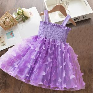 2024 Zomer Baby Girl-jurk 3D Butterfly Tule Suspender Mesh Princess-jurken voor meisjes 2-6 jaar kinderen verjaardagsfeestjes kleding 240513