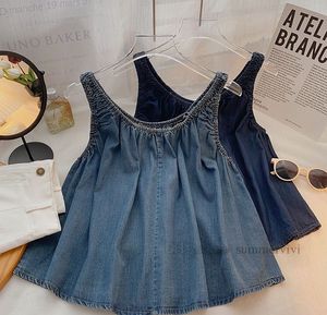 2024 Zomer Grote Meisjes Denim Tank Tops Tiener Ronde Kraag Losse Zachte Cowboy Tops Oude Kinderen Alle Bijpassende jarretel Kleding Z5607