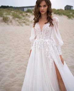 2024 Été Boho Robe De Mariée Col En V Dos Nu Dentelle Appliques A-ligne Tulle Robe De Soirée De Mariée Sur Mesure Pour Femme Robe De Noiva Robe Mariage