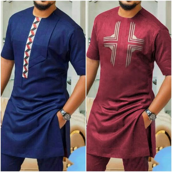 Costume d'été à manches courtes pour hommes, chemise et pantalon à poches en Patchwork, tenues 2 pièces pour fête de mariage, ensembles africains pour hommes, été 2024, 240312