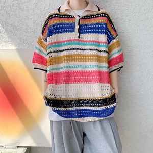 2024 Summer Casual Short Polos Mens Homme Mode Fashion Tricoted Striped Patchwork Collar Collar Tops Blouse 240418