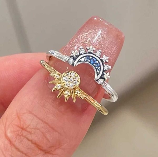 2024 Été Céleste Bleu Étincelant Lune Et Soleil Pondora Bague Pour Femmes Cocktail Empilable Bande De Doigt Mode Argent 925 Fine Bijoux Cadeau