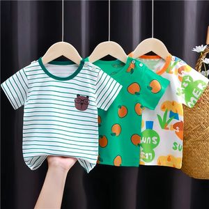 2024 Zomer Kinderen Cartoon T-shirt voor Baby Boy Animal Printing Dinosaur Cat Boys T Shirt Girls Tops Thees Striped Kids Deskled 240409