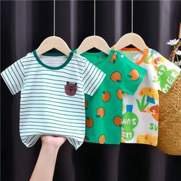 2024 Zomer Kinderen Cartoon T -shirt voor Baby Boy Animal Printing Dinosaur Cat Boys T Shirt Girls Tops Thees Striped Kids Deskled 240409
