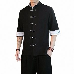 2024 Été Grue Broderie Top Traditionnel Style Chinois Hommes Vintage Demi Manches Chemises En Lin Col Madarin Kungfu Chemise w86K #