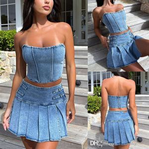 2024 Zomer Denim Rok Sets Mode Jeans 2 Delige Set Vrouwen Sexy Mouwloze Bh Top En Hoge Taille Split Mini rokken Voor Meisjes Outfits