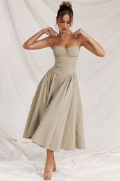 2024 Zomerontwerper Dames Rok Frans Vintage Maxi Dress Court Style Sexy Wear Halter Dress Floral Solid Color Nieuwe jurken