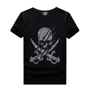 2024 Zomer Europese Mannen Ronde Hals T-shirt Korte Mouwen Gepersonaliseerde Hot Diamond Skull Demon Dunne Casual Mannen T-shirt