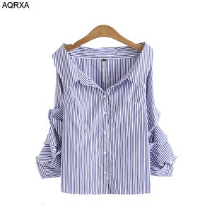 2024 Zomer European Style Green Blue Stripe Sexy V Neck Up Off Shoulder Shirts Women Puff geplooide mouw Blouses vrouwelijk Y19062501