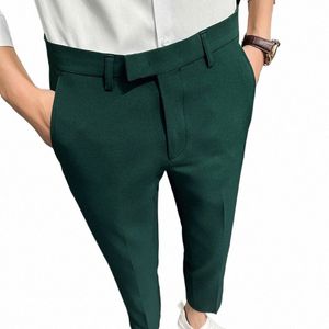2024 Summer Fi Mens Dark Green Traje Pantalones Pure Color Busin Occupati Slim Fit Dr Office Tobillo Pantalones m0gt #