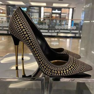 Chaussures à talons hauts et fins à paillettes dorées pour femmes, escarpins de marque à bout pointu en cristal, escarpins Sexy pour fête de mariage, été 2024