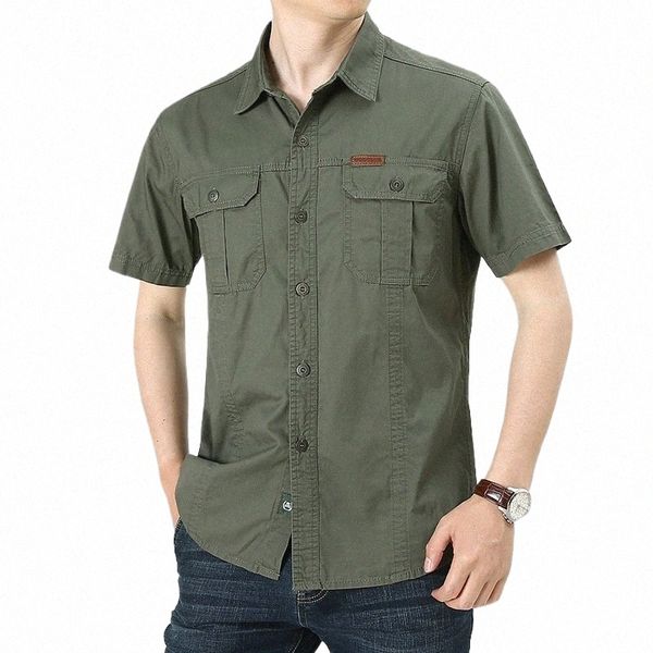 2024 Summer Green Cargo Shirts pour hommes à manches courtes Blouse décontractée Combat Tactique Chemise Multi-Poches Tenues Oversize 5XL f9RS #