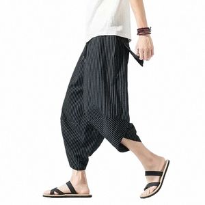 Pantalon décontracté pour hommes, longueur mollet, Harajuku, jambes larges, lin imprimé, Harem, Baggy, vêtements pour hommes, C735 #, été 2024