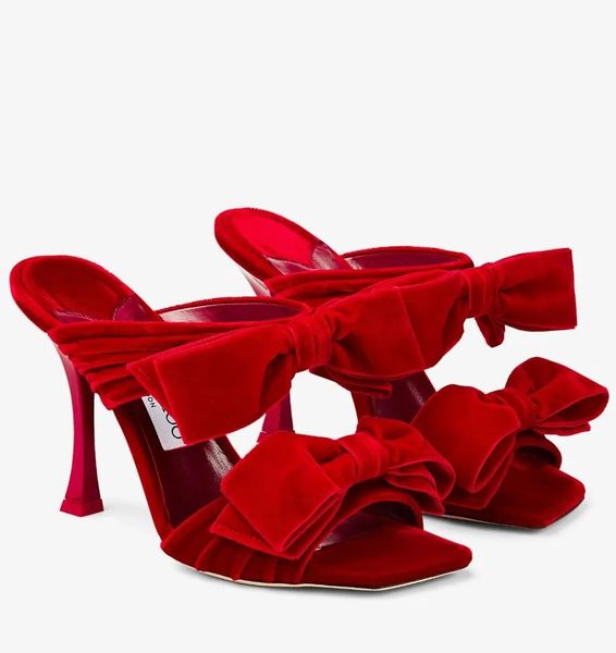 2024 Luxury Sandales Flaca Chaussures Femmes Stiletto talons Velvet Bows Mules Square Toe Slippers Robe de soirée Lady Sexy Sandalias EU35-43
