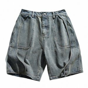 2024 Summer Men's Denim Shorts Vintage Blue Loose Jeans Shorts Splicing Designer Casual Baggy Shorts Pantalons 78hY #