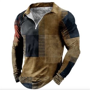 2024 Zomer Mannen Polo Shirt Mode 3d Afdrukken Casual T-shirt Revers Rits Lange Mouw Top Slanke Ademend 240118