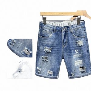 2024 Summer Men's Straight Denim Shorts Lettre Imprimer Fi Jeans déchirés Casual Simple Bleu clair Jeans courts o7dv #