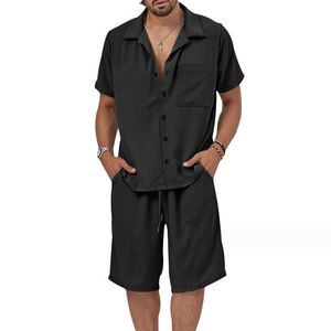Survêtements d'été pour hommes, ensembles amples, Style décontracté, chemise à poches, costume à manches courtes, col cubain, été 2024