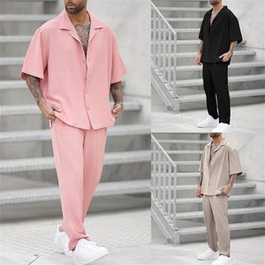 2024 Summer Men Two Piece Suits Mens Clothing Casual korte mouw Rapel Button Shirt en broek Set Outfits Tops Trousers 240507