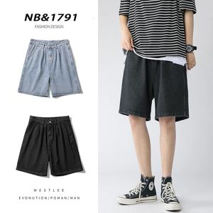 2024 Summer Mens Baggy Straight Denim Shorts de style coréen mode décontracté jeans courts mâles bleu clair noir 240408