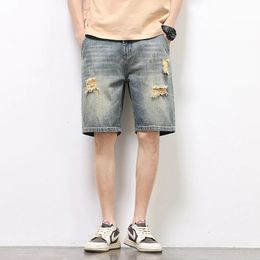 2024 Summer Mens Vintage Denim Shorts Ripped Troles Baggy Straight Casual Short Jeans Fashion Korean Hip Hop Streetwear 240429