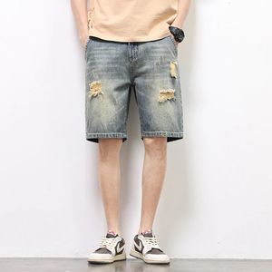 2024 Summer Mens Vintage Denim Shorts Ripped trous Baggy Straight Casual Short Jeans Fashion Korean Hip Hop Streetwear 240426