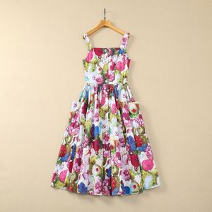 2024 Zomer multicolor bloemenprint paneelschade jurk spaghetti riem slash nek dubbele zakken midi casual jurken s4m110306 plus size xxl