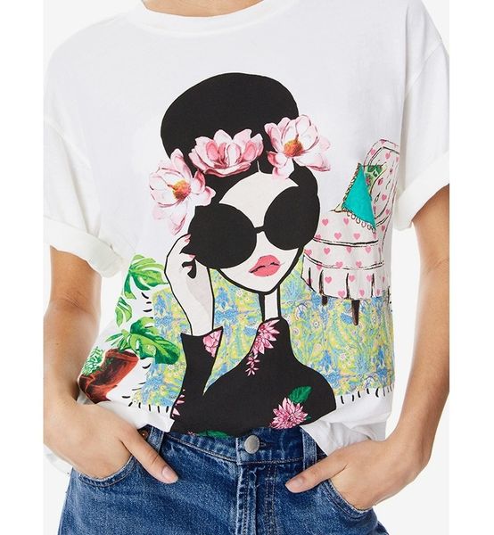 Camiseta de manga corta versátil para mujer, Top con cuello redondo y estampado de flores Stace Face de ALICE + OLIVIA, novedad de verano 2024