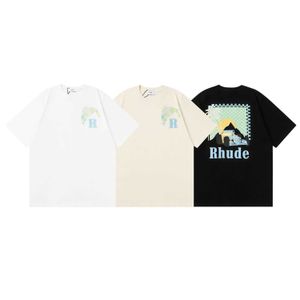 2024 Zomer Nieuw modemerk Rhude Coconut Tree Print Hoge kwaliteit Pure katoenen korte mouwen T-shirt voor mannen en vrouwen 8Z09