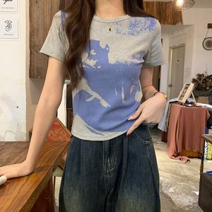 2024 T-shirts Summer Nouveau Arrivés Femmes Coréen Style O-Neck Printing Collision Collision mince Short à manches à manche