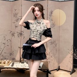 2024 Zomer Nieuwe Chinese rokken set vrouwen strapless vlinder gedrukte geruite korte shirts + hoge taille vaste kleur geplooide rok mode vintage tweedelige set vrouwen