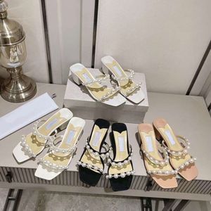 Sandales à perles hautes pour vêtements extérieurs, sandales à talons épais et bout ouvert pour femmes, slips en cuir véritable noir, nouvelle collection été 2024