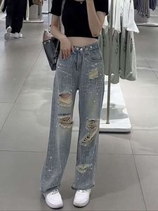 2024 Zomer Nieuwe hoge taille geperforeerde Casual broek Design Sense Diamond Flash rechte been brede poot vloer slepen broek Instagram jeans