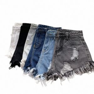 2024 Zomer Nieuwe Hoge Taille Kwastje Gat Denim Shorts Vrouwen Koreaanse Versi Ruwe Rand Wijde Pijpen Losse Zwart Blauw Jean shorts Vrouwelijke P0jd #