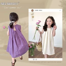 2024 Zomer nieuw in kinderen Babymeisjes Fashion kleding - Kinderen Mouwloze solide kleur Backless 100% katoenen jurken, Toddler 2-7Y L2405