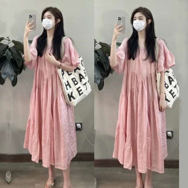 2024 Summer NUEVA Moda coreana Lino de algodón de manga corta Vestido para mujeres embarazadas