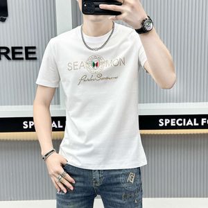 2024 Zomer Nieuwe herenbrief Casual Fashion Hot Diamond Gedrukt Ademend Round Neck Slim Fit Short Sheeved T-Shirt