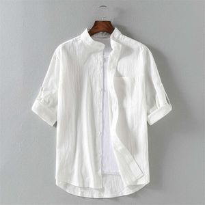 2024 Zomer Nieuwe herenlinnen opstaan ​​Kraag 5/4 Midden Sheeved Shirt Trendy Cotton voor heren en linnen losse size casual shirt