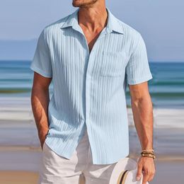 Chemise de plage plissée en coton et lin pour hommes, couleur unie, décontractée, manches courtes, col rabattu, boutonnée, nouvelle collection été 2024, 240302