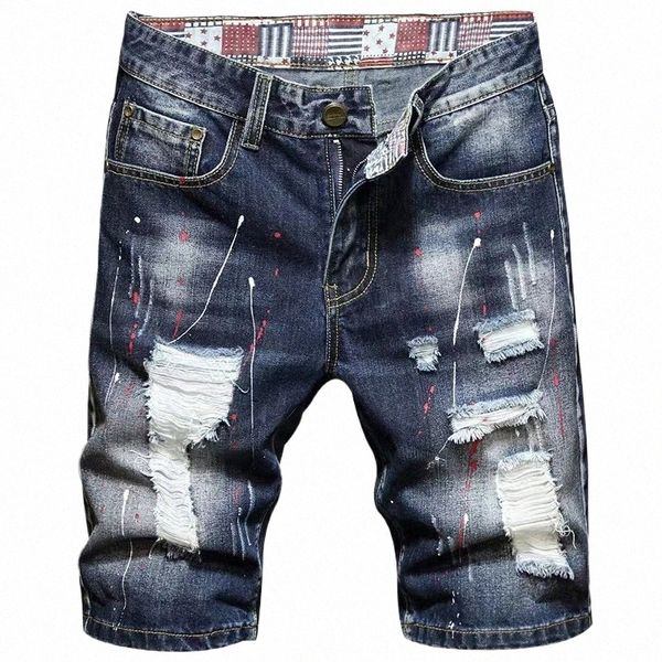 2024 Verano Nuevos Mens Ripped Short Jeans Fi High Street Hole Patch Cott Shorts Plus Tamaño Casual Denim Shorts Ropa masculina C5Hl #