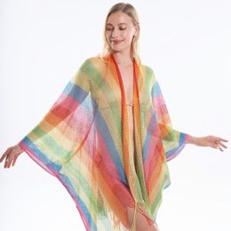 2024 Zomer nieuwe regenboog gaas sexy holle zonbescherming sjaal dames Europeaan en Amerikaans toerisme strand sjaal